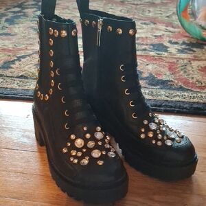 Karl Lagerfeld Black and Gold Studded Combat Boots